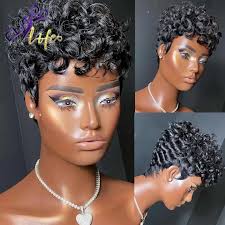 De Cut Life Short Bob Pixie Cut Full Machine Gemaakt Losse Krullend Geen  Kant Menselijk Haar Pruiken Met Bang Remy Brazilian Hair Voor Vrouwen