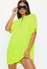 Missguided Neon Yellow Oversized Zip Front T Shirt Dress Neon Shirts Neon Yellow Dresses Tshirt Dress Outfit