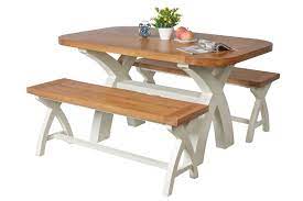Solid wood dining tables hand built from oak, ash, elm. Country Oak 140cm Cream Painted Cross Leg Table 2 120cm Cross Leg Benches Set
