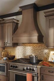 Here, the kitchen hood uses black stainless steel along with a curved canopy of black glass. Concave Wood Hood Omega Cabinetry