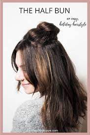 How To Do A Half Bun Easy Holiday Hairstyle Easy Thanksgiving Hair Suite Escape Medi Easy Hairstyles For Medium Hair Holiday Hairstyles Easy Medium Hair Styles