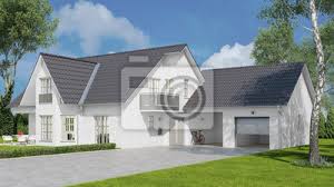 Albert haus winkel bungalow 110 fertighausanbieter. Haus Als Einfamilienhaus Mit Garage Und Garten Fototapete Fototapeten Carport Neubau Hausbau Myloview De