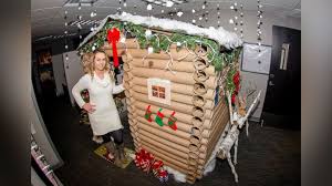 Christmas cubicle decoration with mailbox for letters to santa. Minneapolis Woman Transforms Her Cubicle Into A Christmas Log Cabin Abc News