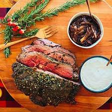Garlic Herb Crusted Ribeye Roast With Horseradish Cream And Bacon Shallot Marmalade Just Cook Recipe Ribeye Roast Recipes Just Cooking
