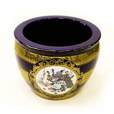 Stunning large 14 chinese porcelain fish bowl planter jardinière pot. 14 Dark Blue And Gold Porcelain Peacock With Blossom Chinese Fishbowl Planter Cp Jc14 Fb