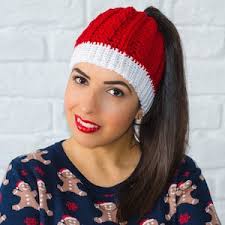 Ms. Claus Ponytail Crochet Beanie| Santa Hat for Women| Handmade Messy Bun  Santa Hat