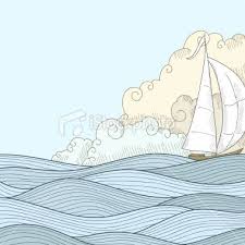 Retro Hand Draw Styled Sea With Clouds And Sailor Boat Sea Illustration Boat Drawing Sea Drawing