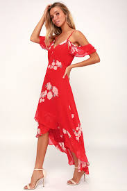 Love In Bloom Red Floral Print Off The Shoulder High Low Dress Blue Lace Midi Dress Cute Red Dresses Floral Print Maxi Dress