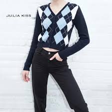 Women V Neck Knit Cardigan In Navy Blue With Light Blue And White Argyle Print On The Front Cardigans Aliexpress