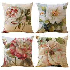 Amazon Com Womhope 4 Pcs Pink Blue Flower Throw Pillow Covers Cases Cotton Linen Burlap Square Decor Throw Pillows Floral Accent Pillow Flower Throw Pillows