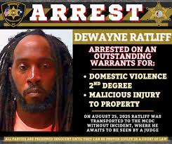 The Marlboro County Sheriff's Office Investigation Division has apprehended Dwayne  Ratliff for outstanding arrest warrants pertaining to domestic violence and  malicious injury to property. Ratliff was taken into custody in the Wallace