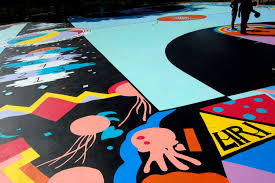 Taking the time to paint the basketball court and mark the basketball court lines onto the concrete will. With Basketball Court Mural And Handmade Nets Boston Artist Unites Art And Sports Wbur News