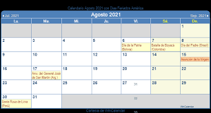 Encuentre aquí días festivos 2021. Calendario Agosto 2021 Para Imprimir America