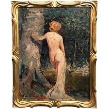 Emile Albert Gruppe Figural Oil Painting, Nude at Forest's Edge - Ruby Lane