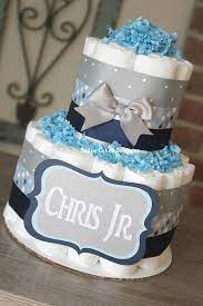 2 Tier Light Blue Gray And Navy Diaper Cake Boy Baby Shower Pamper Cake Diaper Cake Boy Blue Diaper Cake