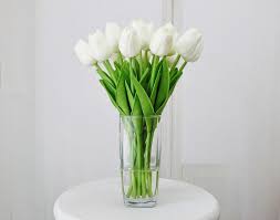 Fake flowers in a glass vase. Tulips Silk Floral Arrangement Faux Water Acrylic Etsy In 2021 Silk Floral Arrangements Floral Arrangements Silk Flower Arrangements