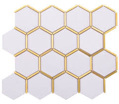 Inlay Brass Gold Hexagon White Tile White Tiles Hexagon Hexagonal Mosaic