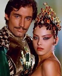 Timothy Dalton as Prince Barin and Ornella Muti as Princess Aura in the  fantasy films "Flash Gordon" (1980).