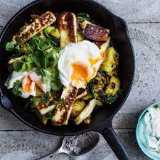 Curry Crushed Potatoes With Haloumi And Poached Egg Recipe In 2019 Crushed Potatoes Poached Eggs Potatoes