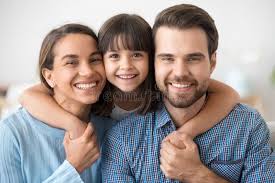 Happy Family of Three Dad Mom and Little Daughter Portrait Stock Photo -  Image of enjoy, laughing: 136876266