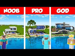 Minecraft Noob Vs Pro Vs God Modern Beach House Build Challenge In Minecraft Animation Youtube Modern Beach House Noob Building A House