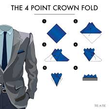 How much of the pocket square you fold in is depending on how deep your jacket's pocket is. Fold Your Pocket Squares With The 4 Point Crown Fold A Classic Way To Wear Your Pocket Squares Pocket Square Folds Pocket Square Styles Pocket Square