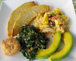 Jamaican Ackee And Saltfish With Fried Breadfruit Callaloo Fried Dumpling And Avacado Jamaican Recipes Jamaica Food Jamaican Cuisine