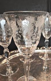 Etched glass water wine juice decanter grapes vines carafe juice pale yellow. Etched Crystal Water Goblets Set Of 7 Elegant Floral Pattern Crystal Wine Glasses Mid Century Etched Wine Glass Wedding Toasting Glasses Crystal Wine Glasses