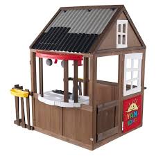 This wooden play house is 1 meter or so, off the ground like a tree house. Kidkraft Ryan S World Kids Toddlers Outdoor Backyard Playhouse Playset W Kitchen And Door Wood And Plastic Construction Brown Target