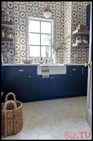 Navy blue kitchen floor tiles. White Hex Floor Tiles Contrast Navy Blue Shaker Laundry Room Cabinets Accented W Accent Accent Kitchen Tiles Design Kitchen Design Kitchen Renovation