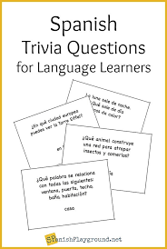 Challenge them to a trivia party! Spanish Trivia Questions Printable Cards Spanish Playground Spanish Learning Activities Learning Spanish For Kids Learning Spanish