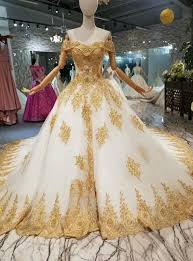 Ivory White Tulle Gold Appliques Off The Shoulder Luxury Wedding Dress With Train Gold Wedding Dress Gowns Gold Wedding Gowns Prom Dress With Train