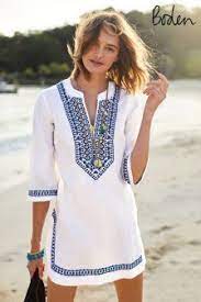 Boden White Embroidered Linen Kaftan Cover Beachwear Short Beach Dresses Beachwear For Women