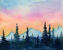 The watercolor wash over the mountains at the top and back of your painting needs to be very light. Pine Sunset Idaho Adventures Art Mountain Sunset Painting Sunset Painting Easy Watercolor Sunset