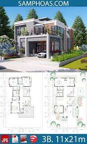 3 Bedroom Modern Villa Design Size 11 5x21 1m Samphoas Plan Modern Villa Design Architectural Design House Plans Modern Style House Plans