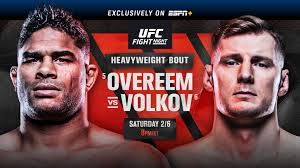 Jun 05, 2021 · a middleweight bout between tom breese and antonio arroyo has been removed from ufc vegas 28's main card tonight (sat. Ufc Fight Night Overeem Vs Volkov February 6 Exclusively On Espn Espn Press Room U S