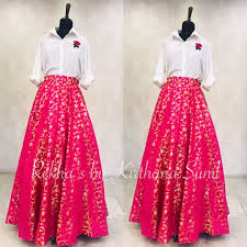 Stunning Pink Color Benarasi Skirt And White Color Shirt With Rose Flower Hand Embroidery Work Mai Pink Skirt Outfits Long Skirt With Shirt Long Skirt Outfits