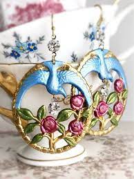 Statement Earrings Hoop Earrings Blue Bird Earrings Floral Earrings Flower Earrings Roses Colorful Boho Jewelry Vintage Assemblage Jewelry Jewelry Inspiration