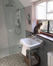 Sally S Traditional Walk In Shower Large Apron Shower Head And Mr Jones Patterned Bathroom Tiles Traditional Bathroom Edwardian Bathroom Bathroom Makeover