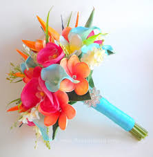Tropical Garden Real Touch Beach Wedding Bridal Bouquet In Turquoise Fuchsia And Orange B Tropical Wedding Bouquets Beach Wedding Flowers Blue Wedding Flowers