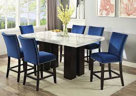 See more ideas about dining room design, formal dining room, dark blue dining room. Camila Brown Rectangular Marble Top Dining Set W 6 Chairs Blue Velvet Ivan Smith Furniture