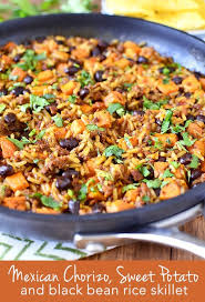 Mexican Chorizo Sweet Potato And Black Bean Rice Skillet Iowa Girl Eats Recipes Mexican Chorizo Mexican Food Recipes
