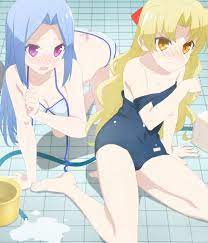 arisugawa aya, kaginoji chitose, tonikaku kawaii, absurdres, highres,  screencap, stitched, third-party edit, 2girls, all fours, ass, bikini,  blonde hair, blue eyes, blue one-piece swimsuit, blush, breasts, cleavage,  collarbone, dimples of venus, feet,