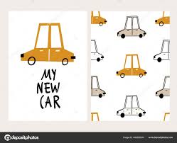 벡터 손으로 그린 색 솔기없는 아이들은 스칸디나비아식으로 흰색 배경에 귀여운 차를 가진 간단 한 패턴이다. 아이들 포스터, 프린트,  질감 자동차 카드. 수송. 나의 새 자동차 활판. 스톡 벡터 - ©ZHUKO 496395974