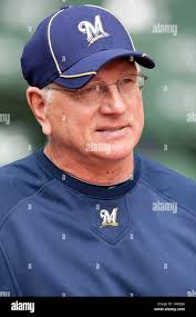 Milwaukee Brewers manager Ken Macha talks to his pitcher Manny Parra in the  third inning of a Major League Baseball game against the Florida Marlins at  Land Shark Stadium in Miami, Florida,