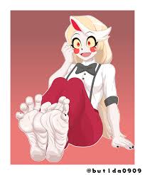 butida0909, charlie morningstar, hazbin hotel, absurdres, highres, 1girl,  barefoot, blonde hair, colored sclera, feet, foot focus, long hair, nail  polish, open mouth, red eyes, soles, suspenders, toes, yellow sclera -  Image View - |
