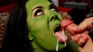 Aesthetic lady with green skin Chyna swallows cum after sex - OK.PORN