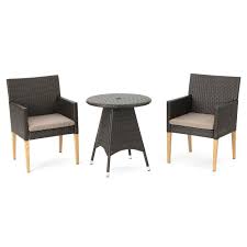 Barnett Outdoor 3 Piece Round Wicker Wood Bistro Chat Set With Umbrella Hole Cushions By Chr Patio Furniture Fabric Outdoor Bistro Set Outdoor Deck Furniture