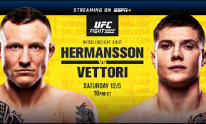 Moreno is an upcoming mixed martial arts event produced by the ultimate fighting championship that will take place on december 12, 2020, at the ufc apex facility in las vegas. Ufc Fight Night Hermansson Vs Vettori December 5 On Espn2 Espn Deportes And Espn Espn Press Room U S