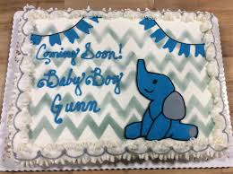 Sheet Cake With Chevron And Baby Elephant Trefzger S Bakery Baby Shower Sheet Cakes Baby Shower Sheets Elephant Baby Shower Cake